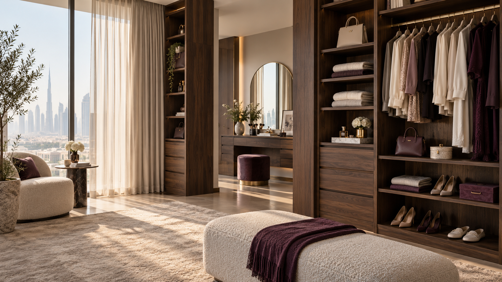 A calm, carefully organized wardrobe and vanity space